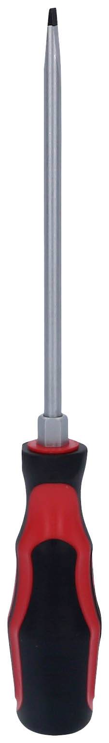 Wkrętak z czarną i czerwoną rękojeścią z tworzywa sztucznego i długim metalowym grotem.