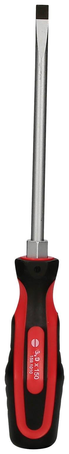 Wkrętak z czerwoną i czarną rękojeścią, płaskie ostrze. Odpowiedni do wkrętów płaskich. Przeznaczony głównie do prac rzemieślniczych.