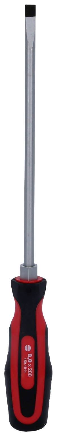 Wkrętak z czerwonym i czarnym uchwytem oraz płaskim ostrzem, odpowiedni do podstawowych prac naprawczych.