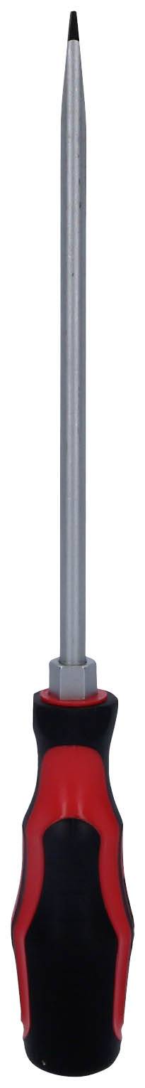Śrubokręt z czarnym i czerwonym ergonomicznym uchwytem oraz srebrnym metalowym ostrzem, przeznaczony do wkrętów krzyżowych.