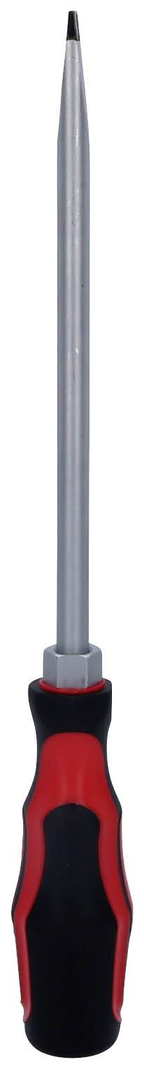 Długi śrubokręt z czarnym uchwytem i czerwonymi akcentami, odpowiedni do prac z wkrętami krzyżakowymi.