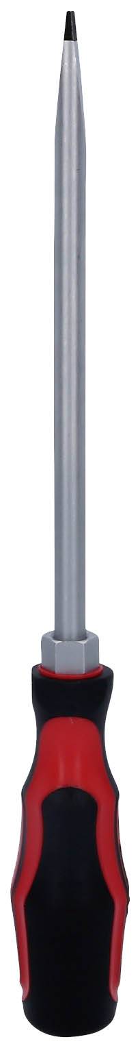 Wkrętak z czerwonym i czarnym uchwytem oraz wąskim, długim metalowym czubkiem. Odpowiedni do drobnych prac śrubowych.