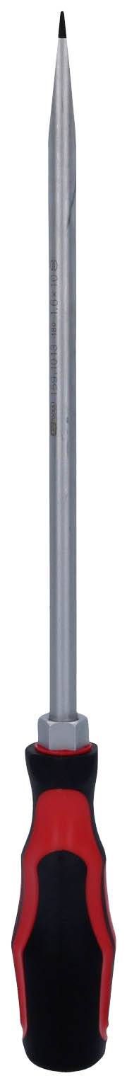 Długi, płaski śrubokręt z czarną i czerwoną rękojeścią na białym tle.