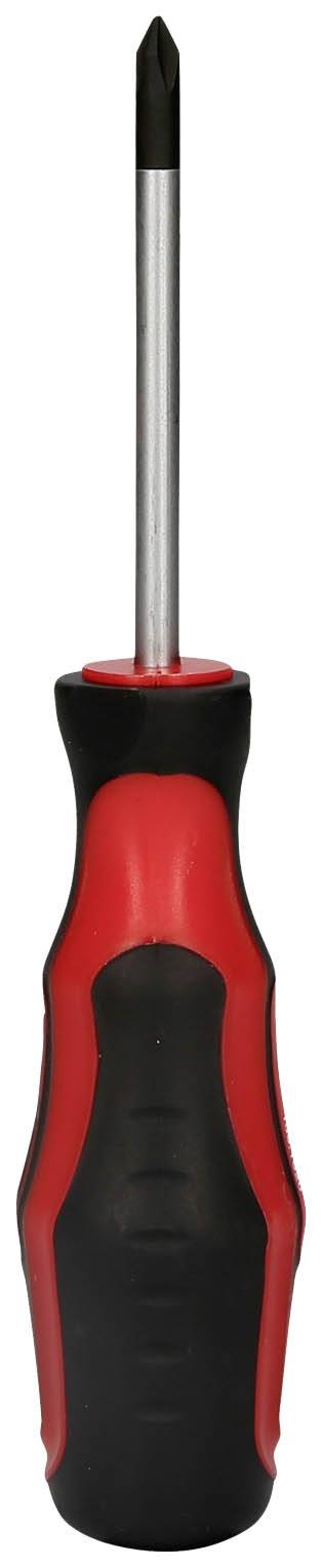 Wkrętak krzyżowy z czerwoną i czarną rączką.