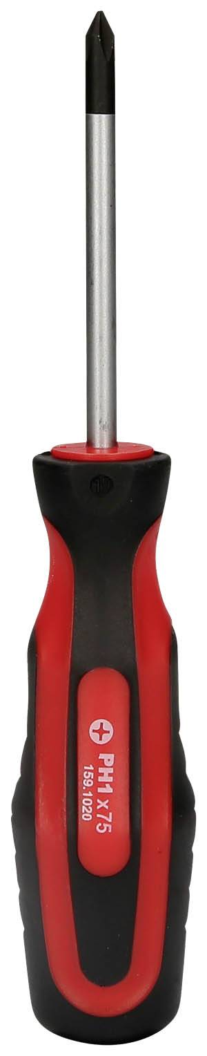 Czerwony wkrętak krzyżakowy z czarną rękojeścią, idealny do różnych prac warsztatowych.