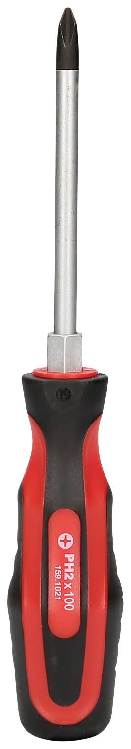 Wkrętak krzyżowy z czerwoną i czarną rękojeścią skierowany jest czubkiem do góry.