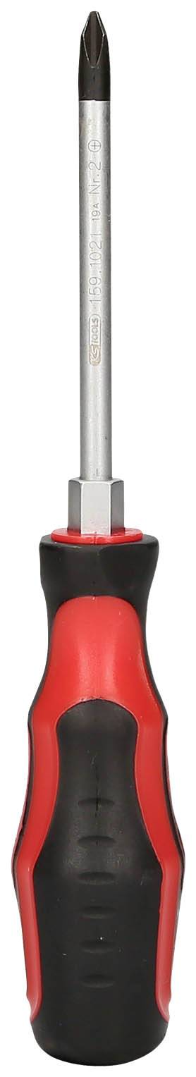 Czerwony wkrętak z czarną rękojeścią, odpowiedni do wkrętów krzyżowych.