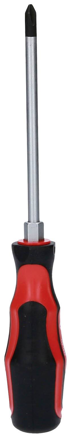 Śrubokręt z czerwoną i czarną rączką oraz metalowym czubkiem.
