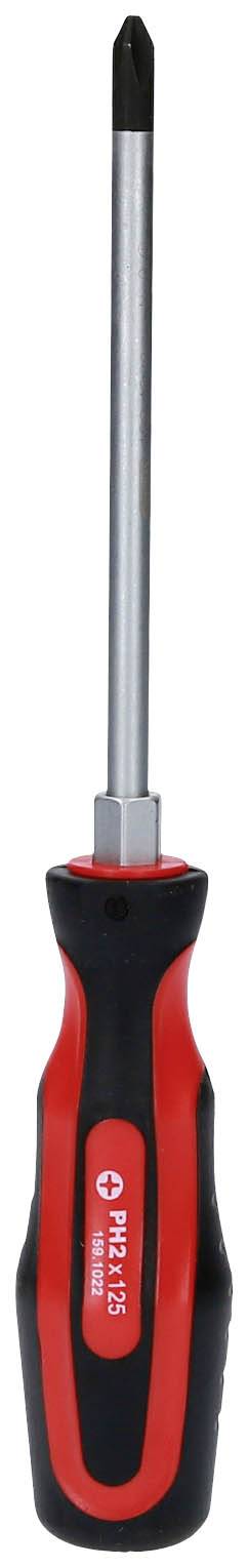 Wkrętak krzyżowy z uchwytem w kolorze czerwonym i czarnym, przeznaczony do wkręcania lub wykręcania śrub z gniazdem krzyżowym.