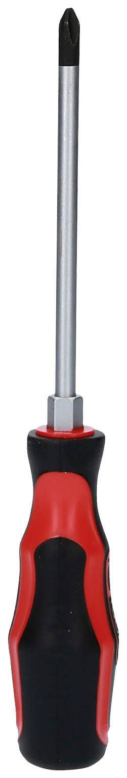 Wkrętak z czarnym uchwytem i czerwonym akcentem, odpowiedni do wkrętów krzyżowych.