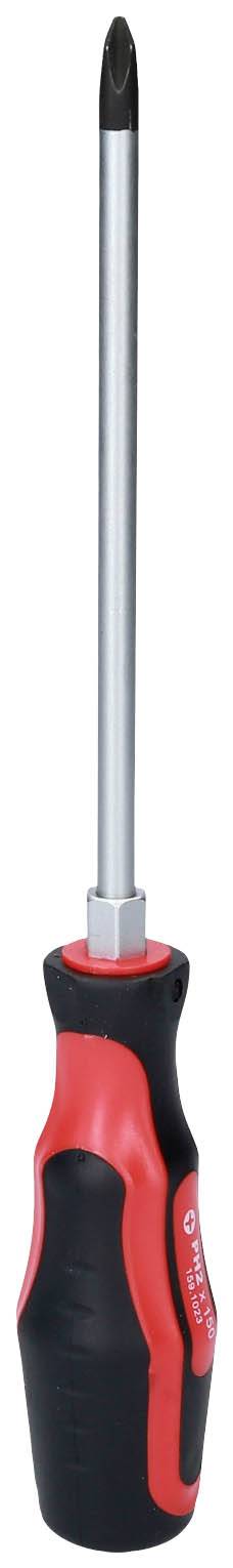 Czarny i czerwony śrubokręt z długim metalowym trzpieniem i ergonomicznym uchwytem.