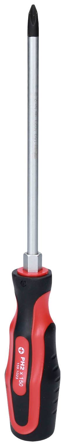 Wkrętak z czarnym czubkiem i ergonomicznym uchwytem w kolorach czarnym i czerwonym. Odpowiedni do prac rzemieślniczych i napraw.