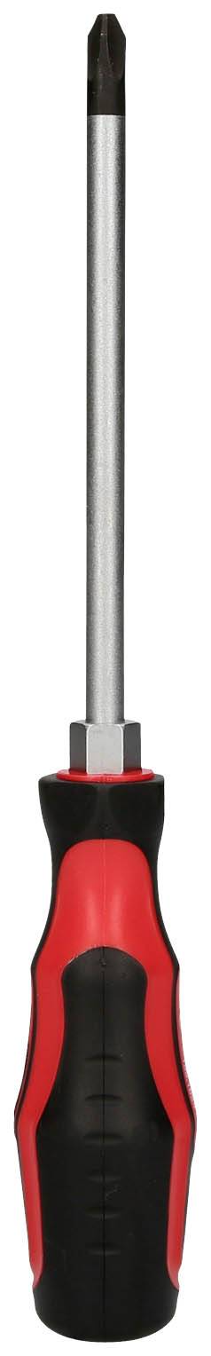 Czarny i czerwony wkrętak krzyżakowy z ergonomicznym uchwytem. Przeznaczony głównie do prac majsterkowiczowskich.