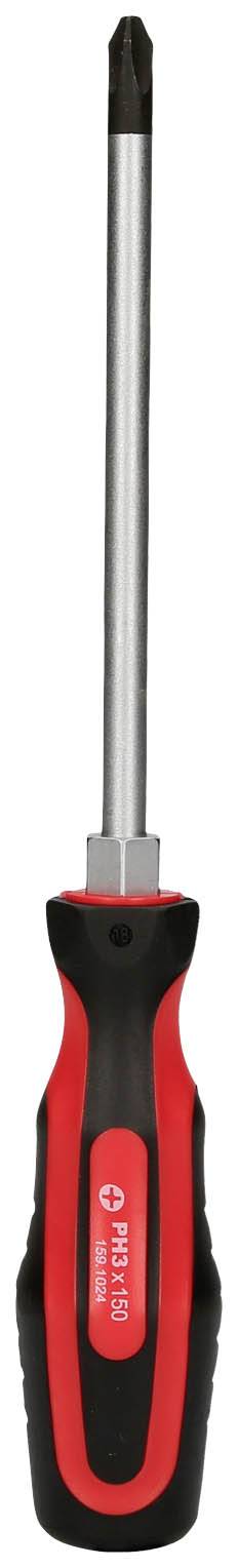 Wkrętak krzyżowy z czarną i czerwoną rękojeścią, odpowiedni do ogólnych napraw i prac rzemieślniczych.