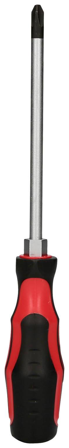 Czerwony i czarny wkrętak krzyżakowy z ergonomicznym uchwytem i długim metalowym trzpieniem.