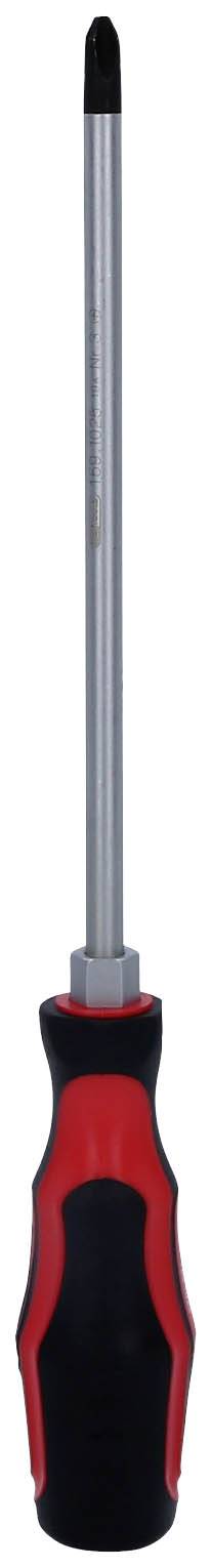 Długi wkrętak z czerwonym i czarnym ergonomicznym uchwytem, odpowiedni do użytku w warsztatach lub w domu.