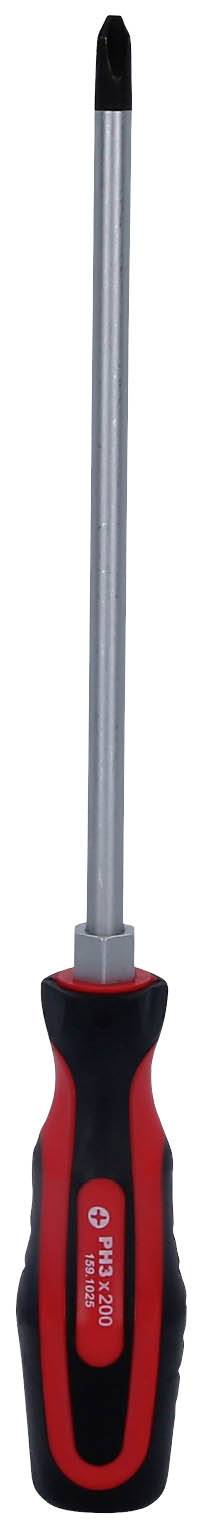Wkrętak krzyżowy z czerwonym i czarnym uchwytem, przeznaczony do wkręcania lub odkręcania śrub.