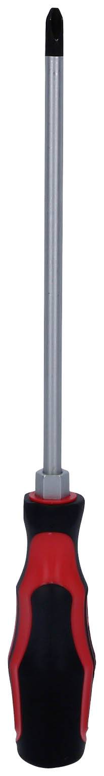 Śrubokręt z uchwytem w kolorach czerwono-czarnym oraz wąską, długą metalową końcówką, z czarnym grotem z przodu.