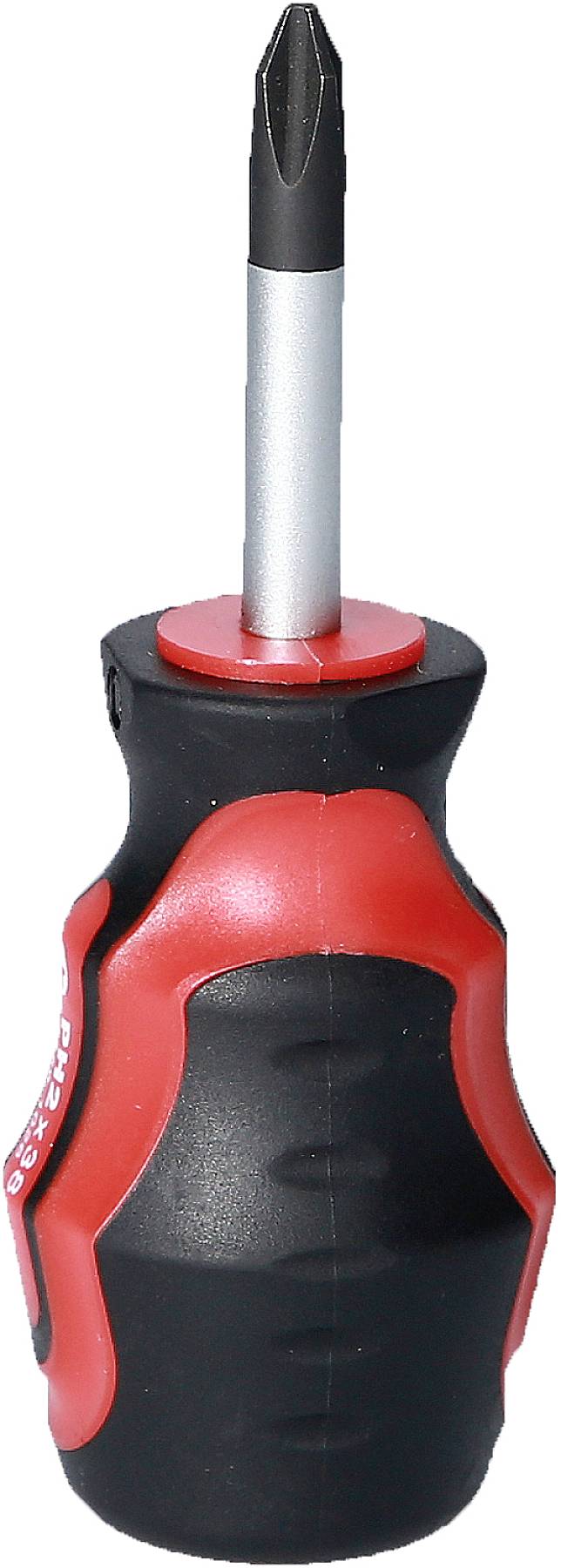 Czarno-czerwony wkrętak krzyżakowy z ergonomicznym uchwytem, odpowiedni do prac rzemieślniczych.