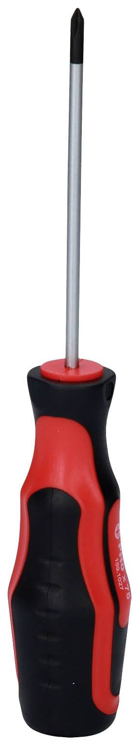 Wkrętak krzyżowy z czarną i czerwoną rękojeścią.