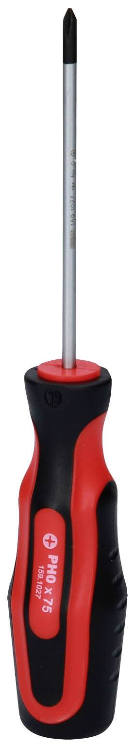 Czerwony i czarny wkrętak krzyżowy, przeznaczony do dokręcania lub odkręcania śrub z gniazdem krzyżowym.