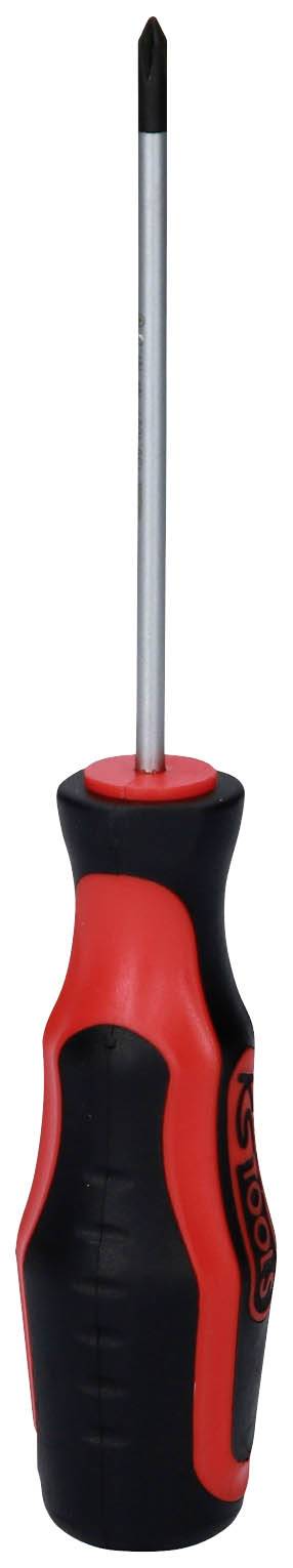 Wkrętak z czarnym uchwytem i czerwonymi akcentami, odpowiedni do wkrętów krzyżowych.