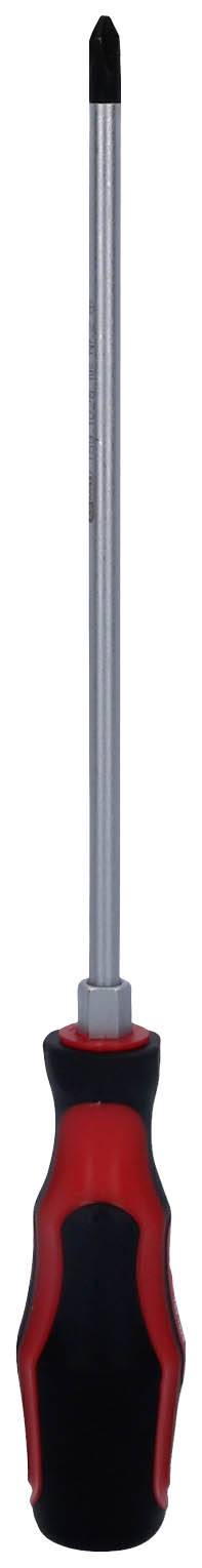 Śrubokręt krzyżowy z czerwonym i czarnym uchwytem oraz długą, smukłą metalową końcówką.