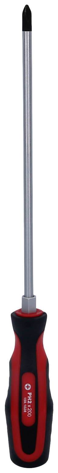 Wkrętak krzyżowy z czarną końcówką i czerwoną rękojeścią.