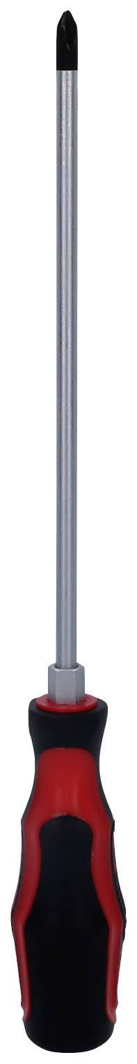 Czarny i czerwony wkrętak krzyżakowy z ergonomiczną rękojeścią.