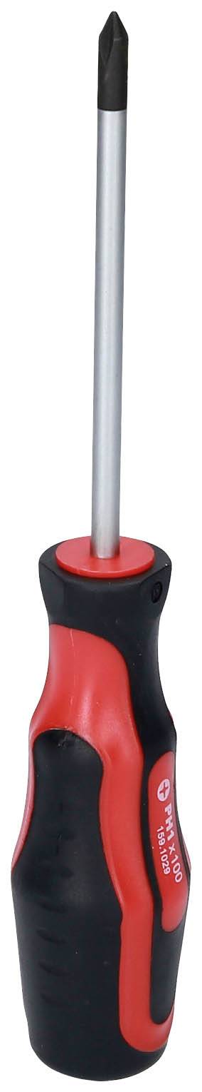 Wkrętak krzyżowy z czarnym uchwytem i czerwonym akcentem, przeznaczony do wkręcania i wykręcania śrub z gniazdem krzyżowym.