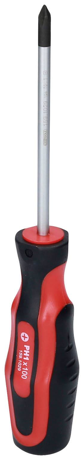 Czerwony i czarny śrubokręt z końcówką krzyżakową na białym tle.