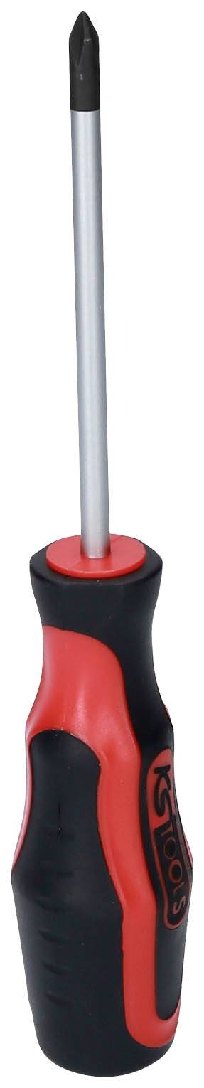 Wkrętak krzyżowy z czerwoną i czarną rękojeścią oraz srebrnym grotem, odpowiedni do ogólnych prac naprawczych.