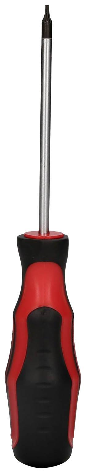 Czerwono-czarny śrubokręt z ergonomicznym uchwytem i końcówką krzyżakową, przydatny do różnych prac naprawczych.