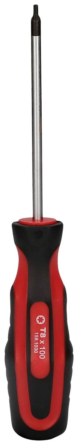 Czerwony i czarny wkrętak z wąskim, długim trzpieniem, odpowiedni do precyzyjnych prac i dokręcania śrub.