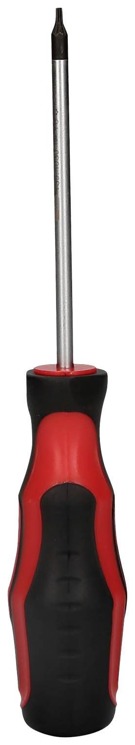 Czerwony i czarny wkrętak z długim metalowym trzpieniem i antypoślizgowym uchwytem, przeznaczony do wkrętów krzyżowych.