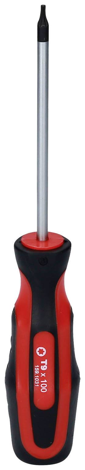 Czerwony śrubokręt z czarną rękojeścią i końcówką krzyżakową.