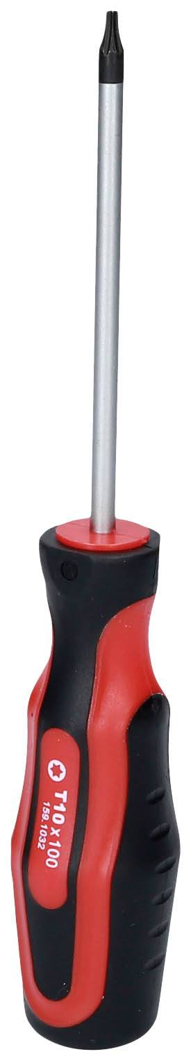 Czerwony i czarny śrubokręt z ergonomicznym uchwytem i płaską metalową końcówką.