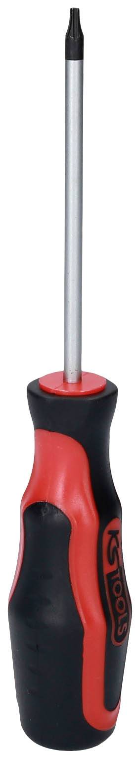 Wkrętak z czarnym uchwytem, czerwonymi akcentami i srebrnym ostrzem, używany do dokręcania lub odkręcania śrub.