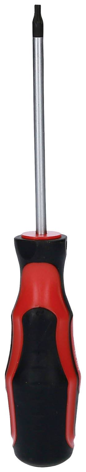Czerwony i czarny śrubokręt z płaskim uchwytem i długim metalowym grotem.