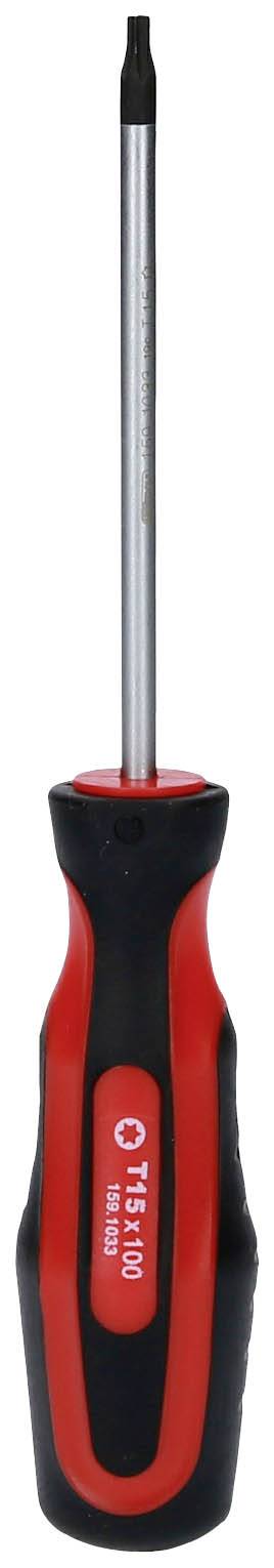 Wkrętak krzyżowy z czarną i czerwoną rękojeścią, odpowiedni do wkrętów Philips różnych rozmiarów.