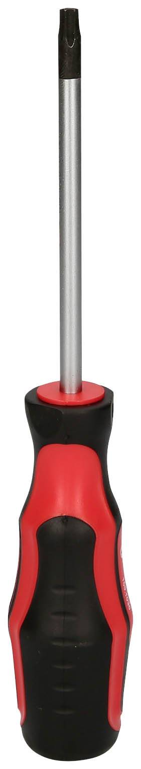 Czerwony i czarny śrubokręt z ergonomicznym uchwytem i długim trzpieniem.