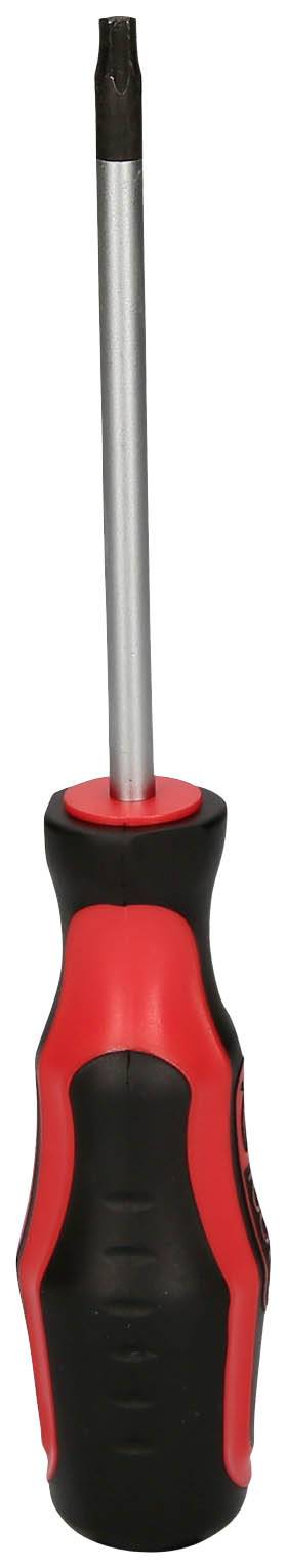 Czerwono-czarny wkrętak z ergonomicznym uchwytem i smukłym, srebrnym trzpieniem.