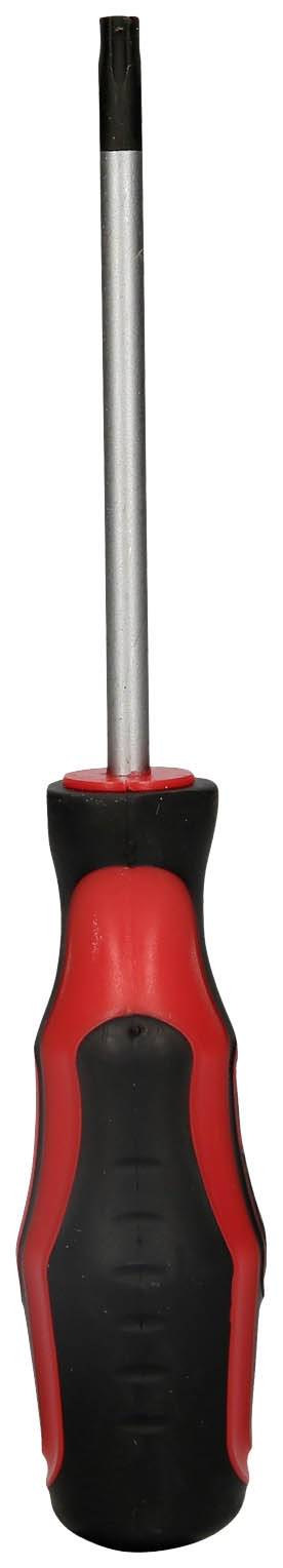Czerwony i czarny śrubokręt z długim, wąskim trzpieniem, odpowiedni do prac przy urządzeniach elektronicznych.