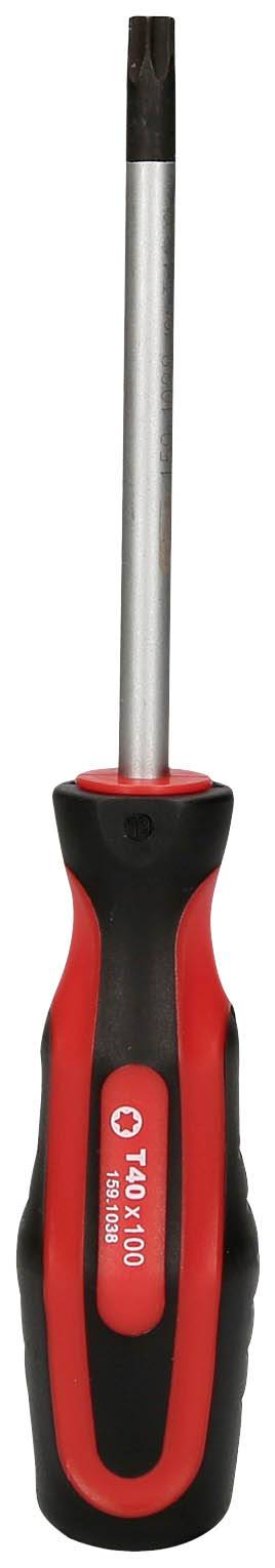 Wkrętak z czerwoną i czarną rękojeścią, z końcówką Torx. Odpowiedni do prac przy urządzeniach i elektronice.