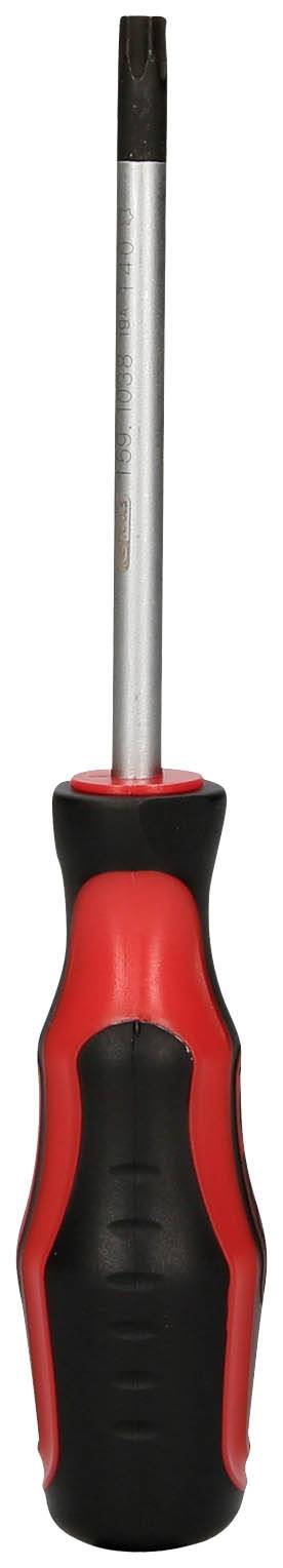 Wkrętak z czerwonym i czarnym uchwytem oraz metalowym grotem, ustawiony pionowo.