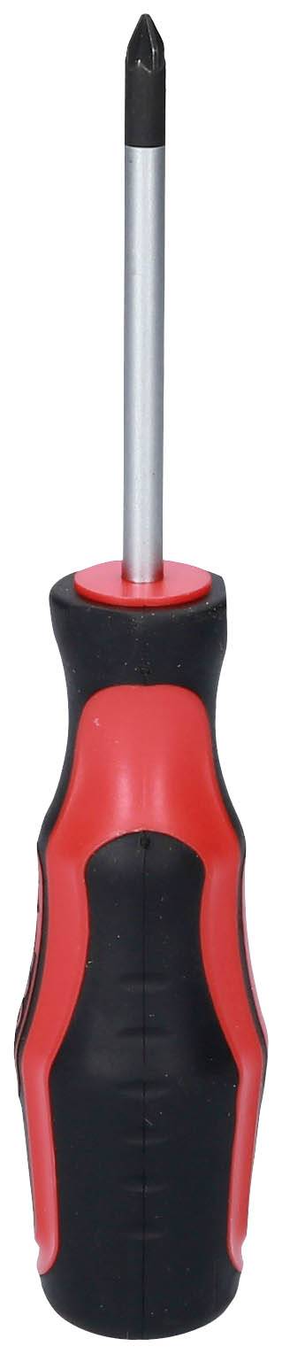 Wkrętak krzyżowy z czarną i czerwoną rękojeścią.