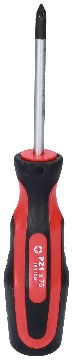 Czerwony i czarny wkrętak krzyżowy z ergonomicznym uchwytem.