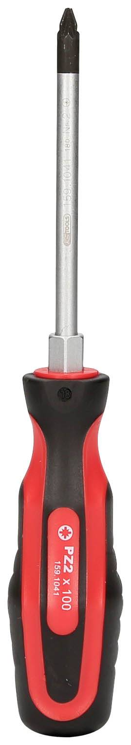 Wkrętak z czerwoną i czarną rękojeścią, odpowiedni do wkrętów krzyżowych.