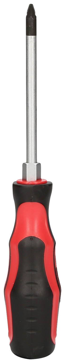 Wkrętak krzyżowy z uchwytem czerwonym i czarnym, przeznaczony do prac z wkrętami Philips.