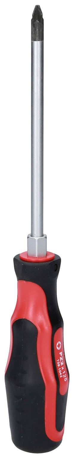 Wkrętak krzyżowy z czarnym i czerwonym uchwytem leży pionowo. Trzpień jest srebrny, a czubek jest czarny.